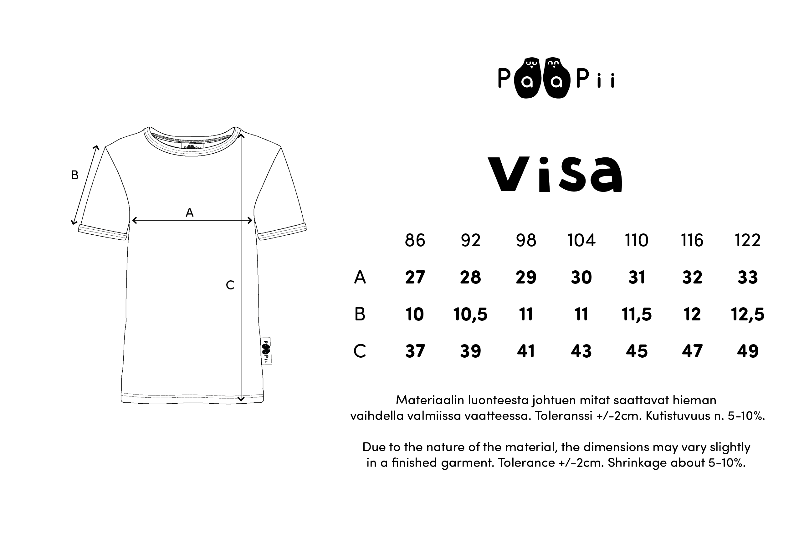 Paapii Visa Size Chart